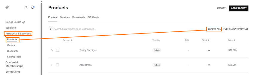 Export products from Squarespace