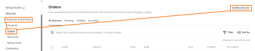 Export order history from Squarespace