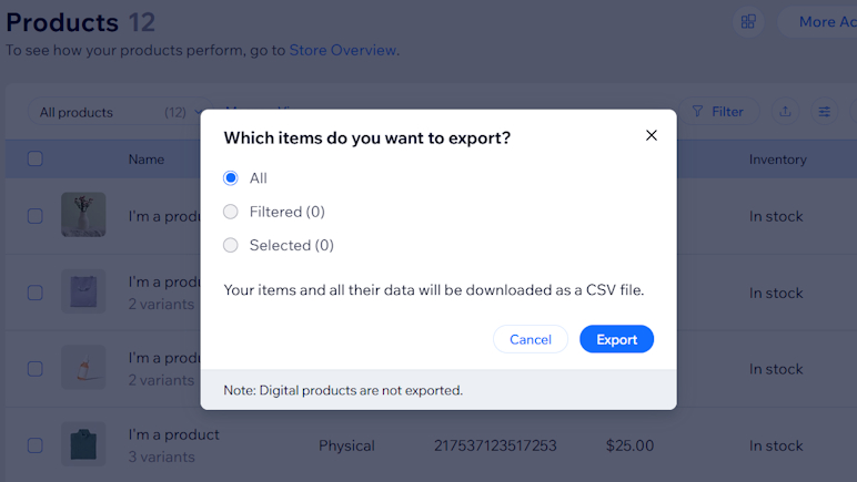 Wix Product export options