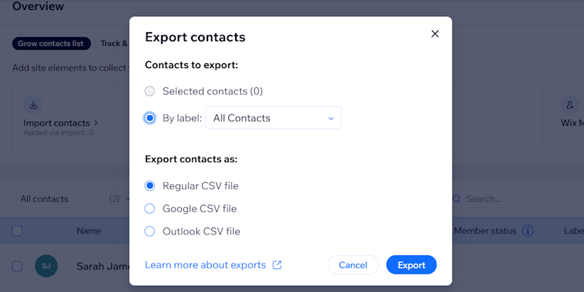 Export contacts settings on Wix