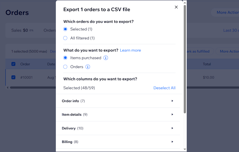 Customize order export Wix