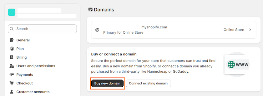Shopify Settings buy new domain