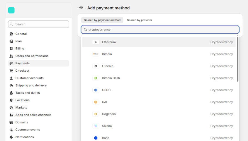 Shopify cryptocurrency payment options
