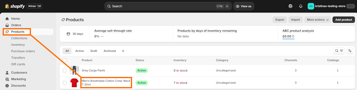 Open a product on Shopify