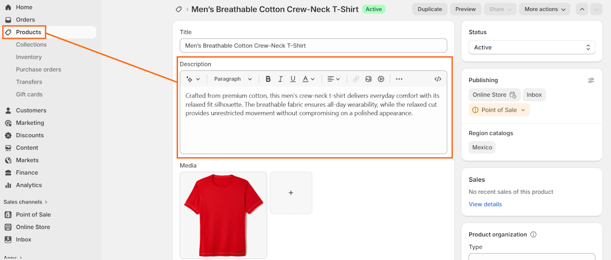 Edit product description on Shopify