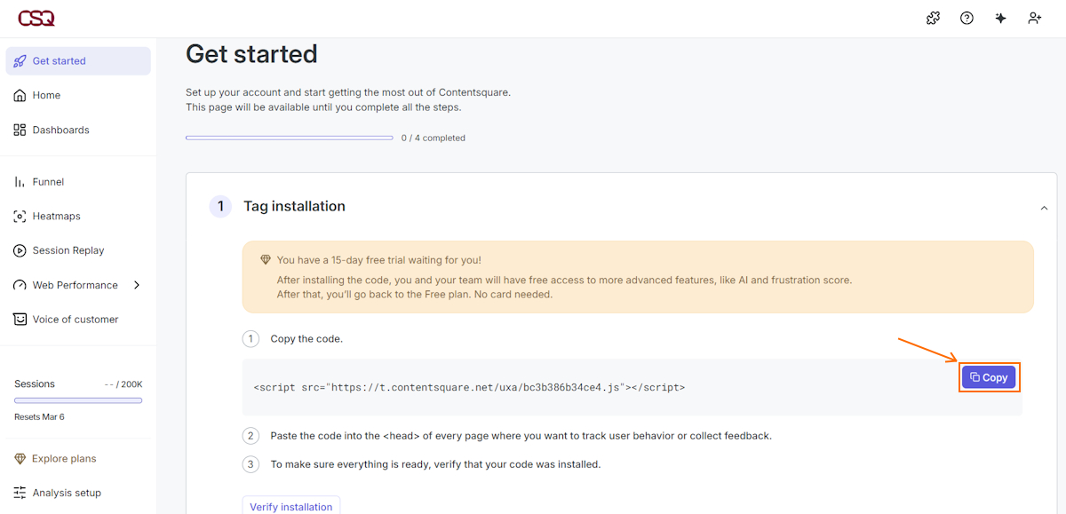 Copy Hotjar tag installation code