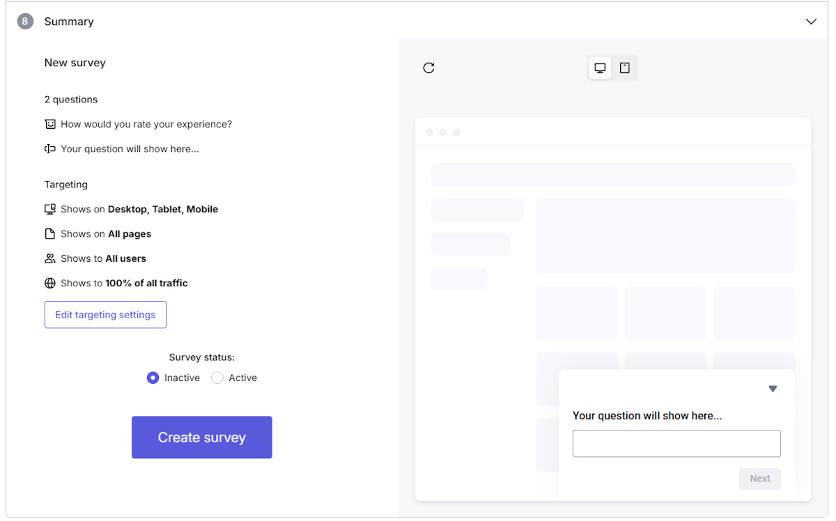 Survey summary on Hotjar