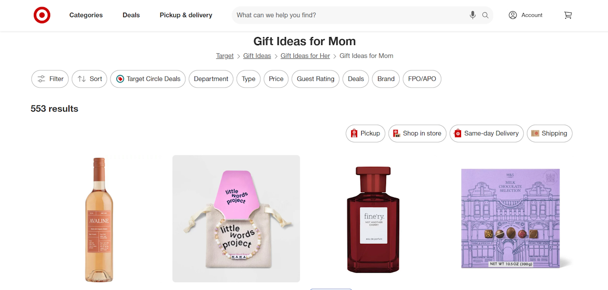 Target Mother's Day gift ideas page