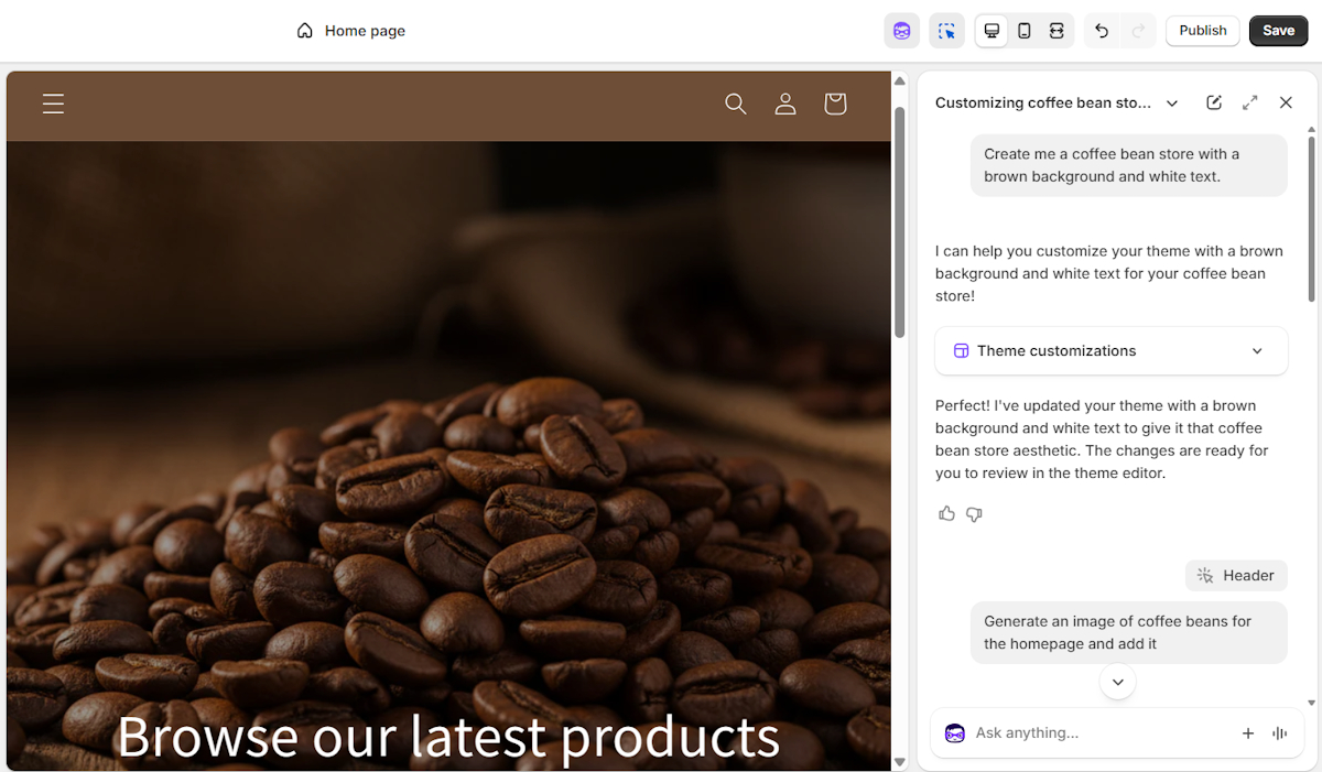 Shopify Sidekick website design creation