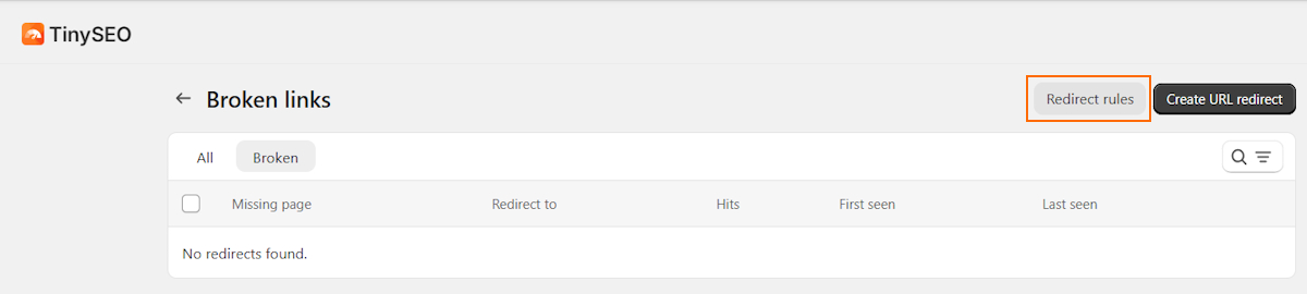 Broken link redirect rule button on TinyIMG