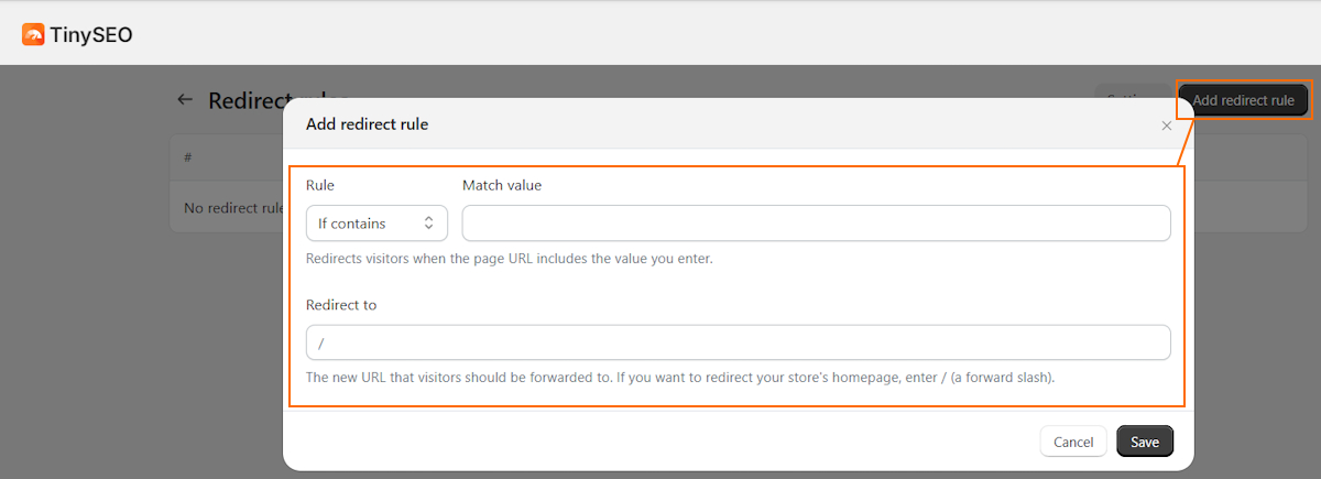 Create broken link redirect rules on TinyIMG