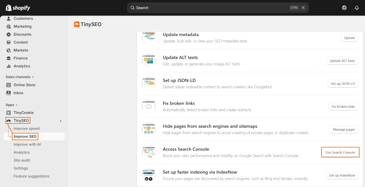 Search Console feature on TinyIMG
