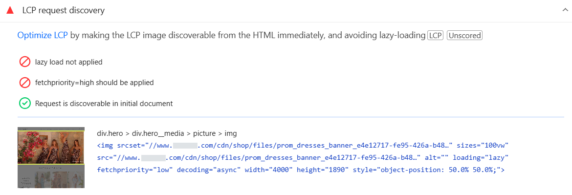 PageSpeed Insights lazy loading not enabled on hero image