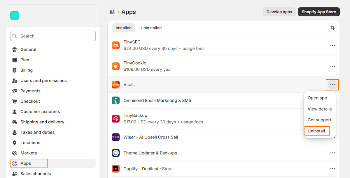 Guide on how to uninstall an app on Shopify