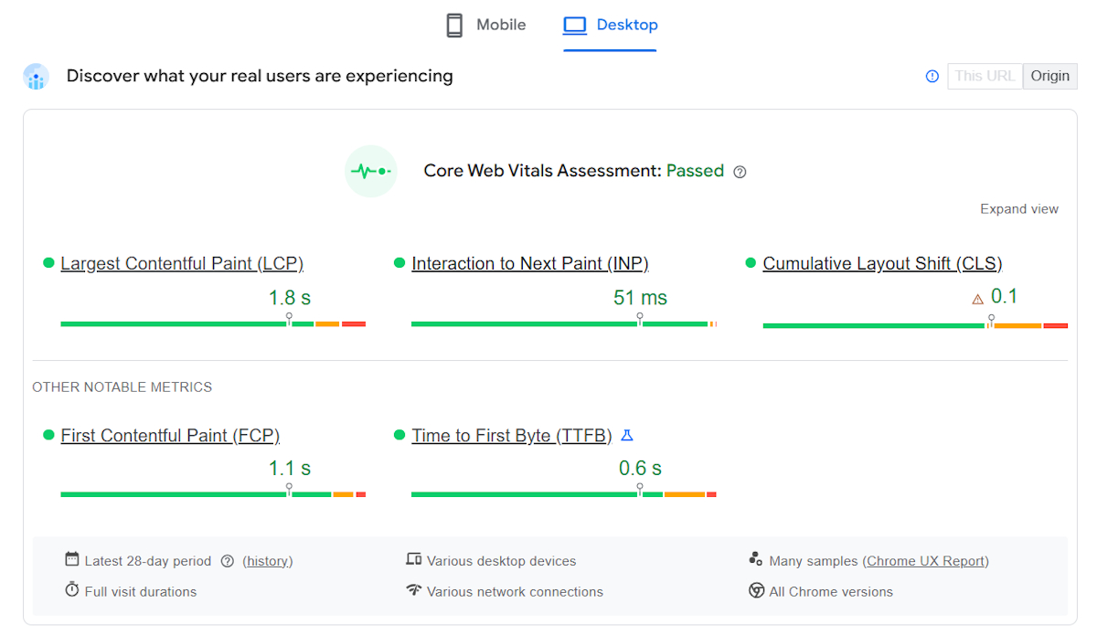PageSpeed Insights Core Web Vitals example