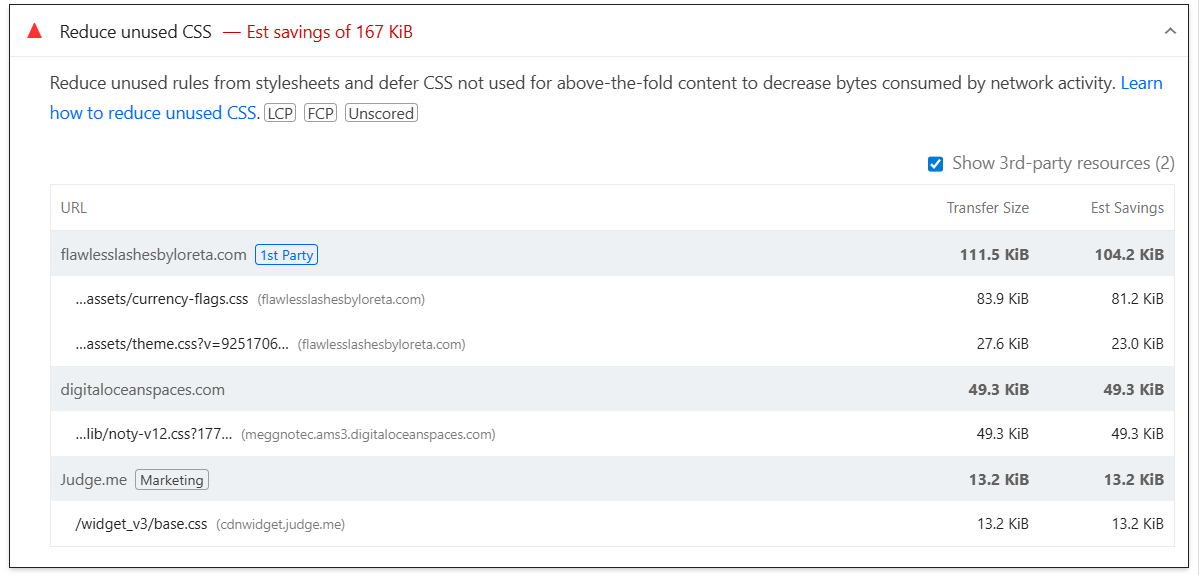 Reduce unused CSS - PageSpeed Insights