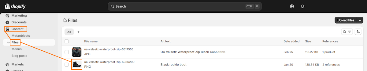 Open Shopify image in Content and Files
