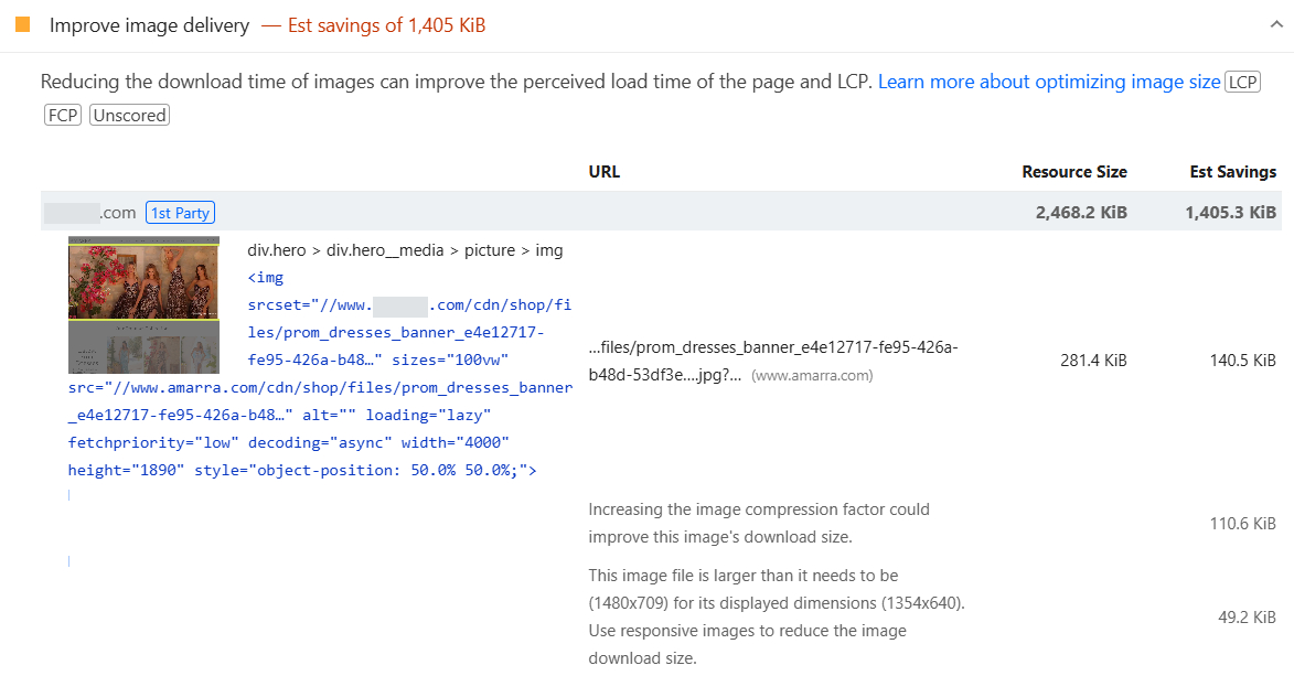 shopify pagespeed insights improve image delivery insight