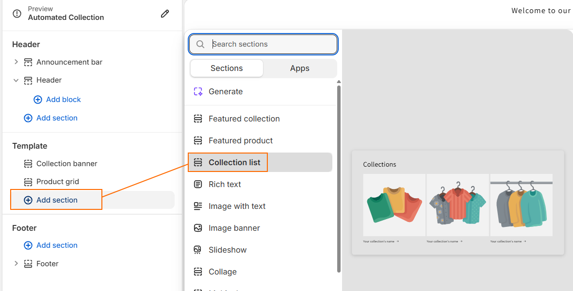 Add a collection list as new section in Shopify