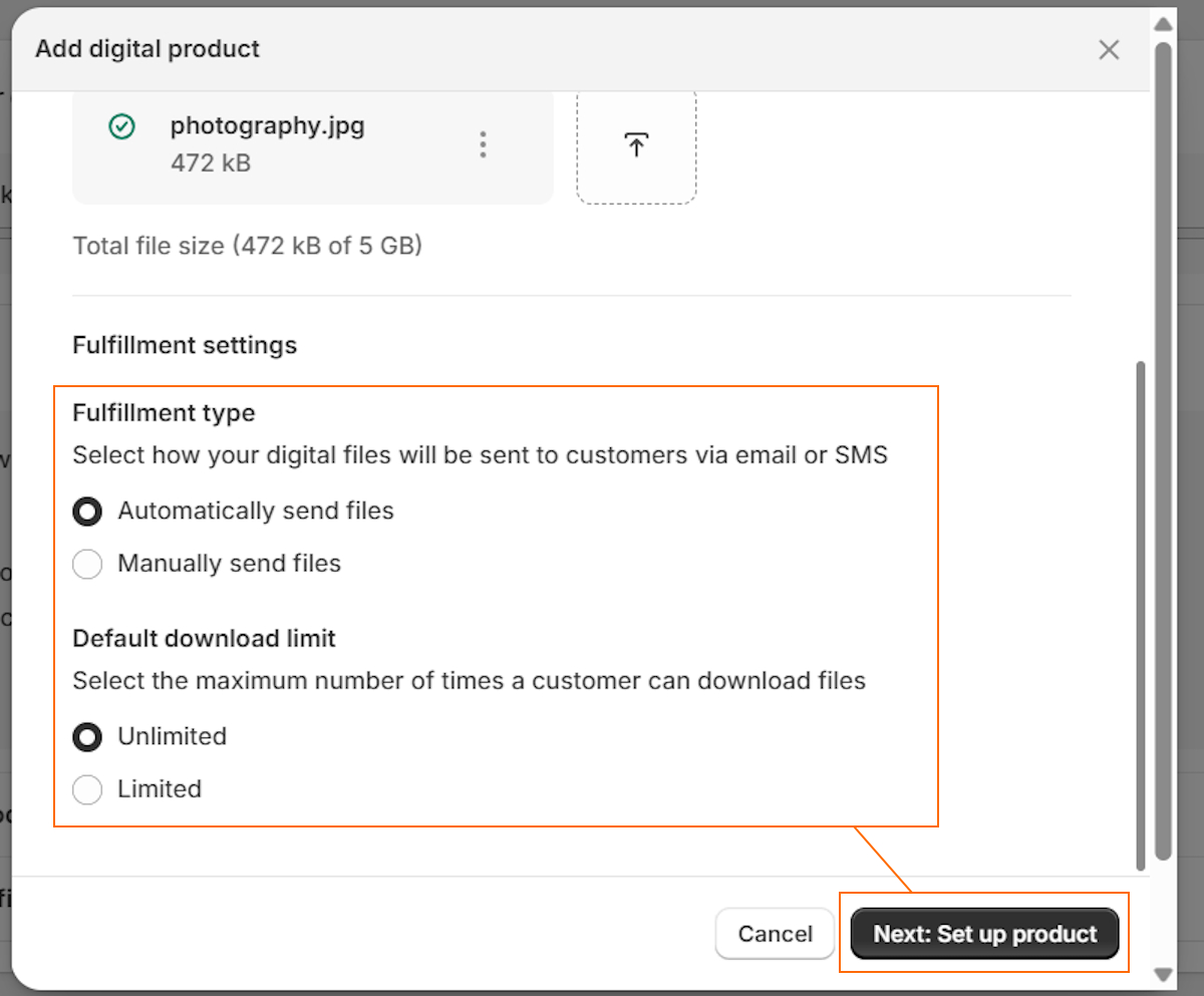 Select digital product order fulfillment type