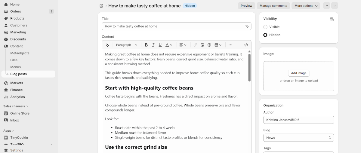 Shopify blog editor