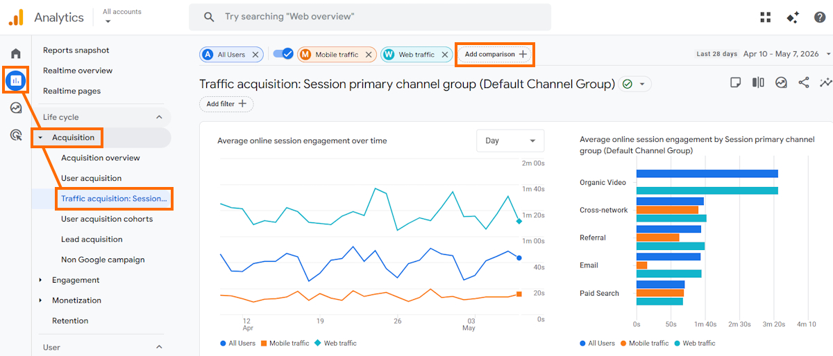 Compare traffic acquisition in Google Analytics
