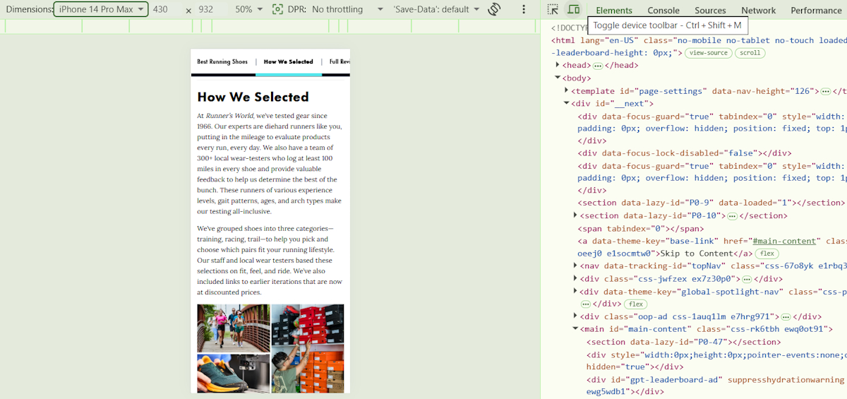 Manual mobile view check through Chrome Dev tools