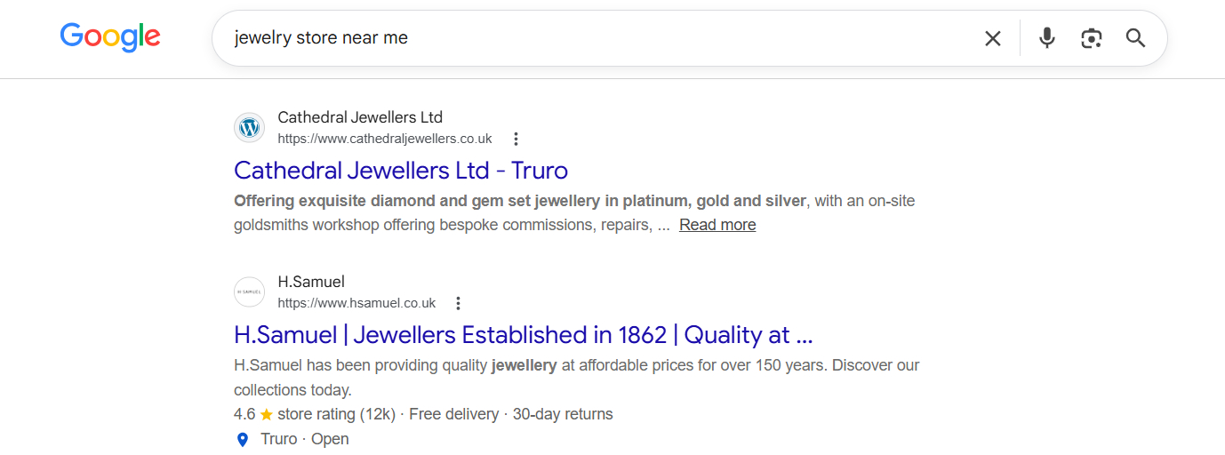 Local SEO example on Google