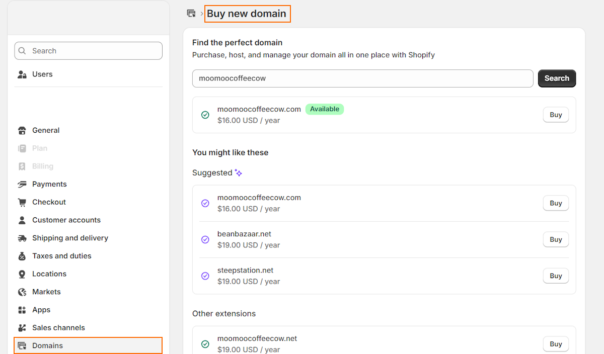 Buy a Shopify domain