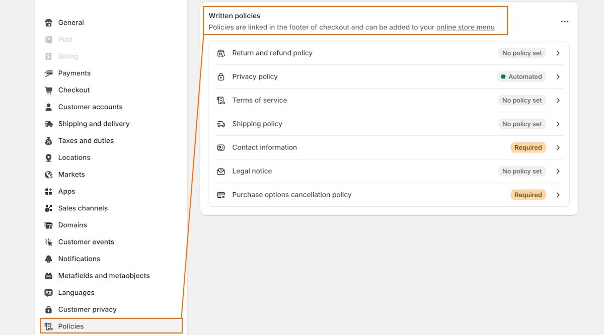 Create policies on Shopify