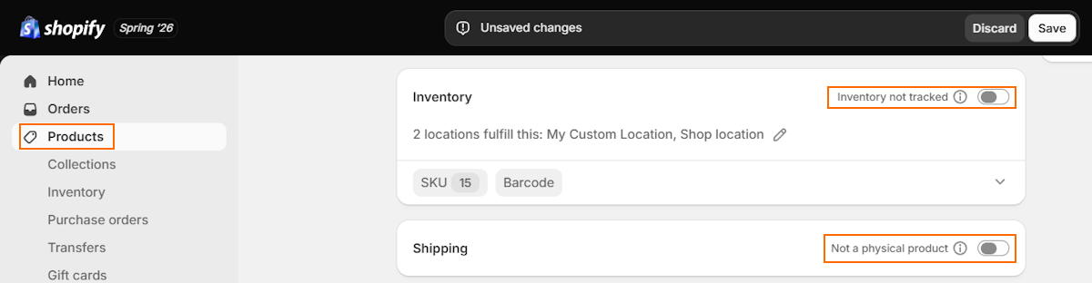 Digital product settings on Shopify