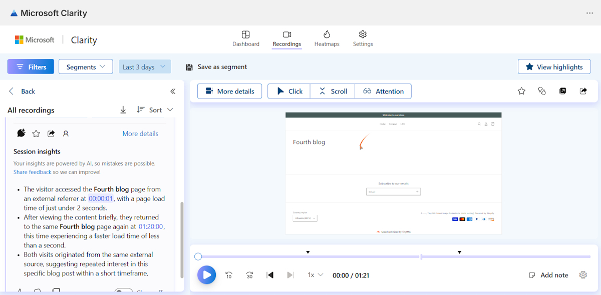 Clarity session recordings on Shopify
