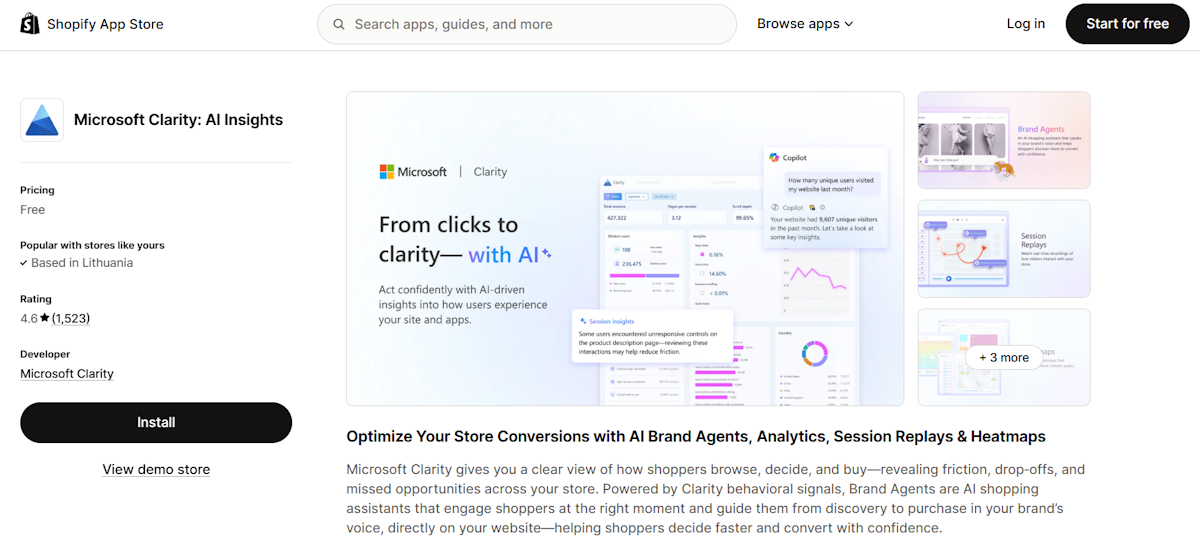 Microsoft Clarity Shopify App Store page