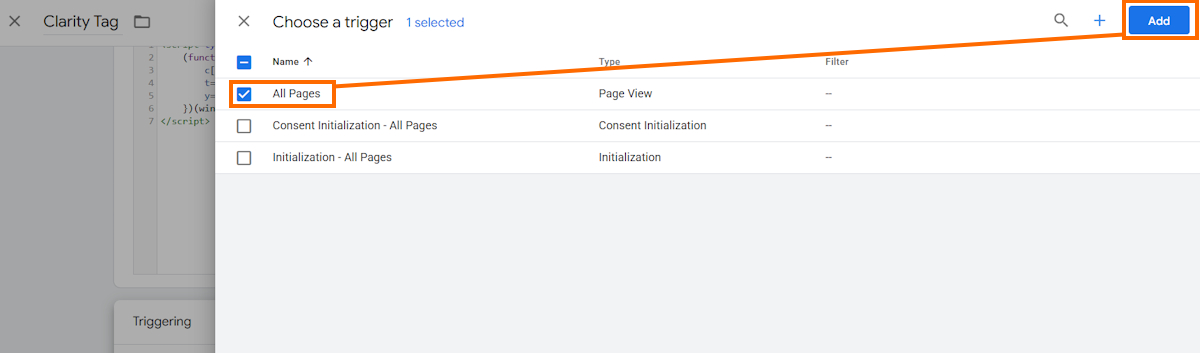 Add triggering for Clarity tag on Google Tag Manager