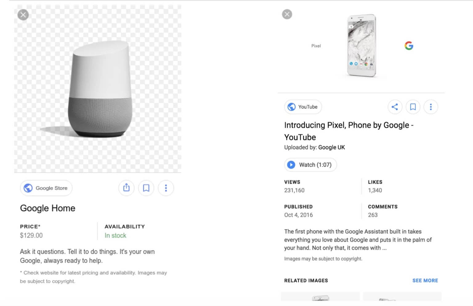 Google Home device and Google Pixel displayed with rich snippets on search results