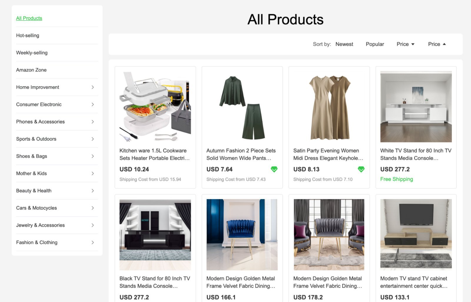 Eprolo product catalog and filtering options