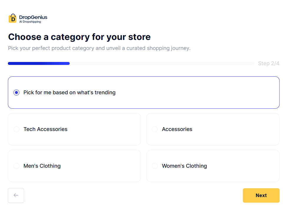 choosing a category in dropgenius shopify app
