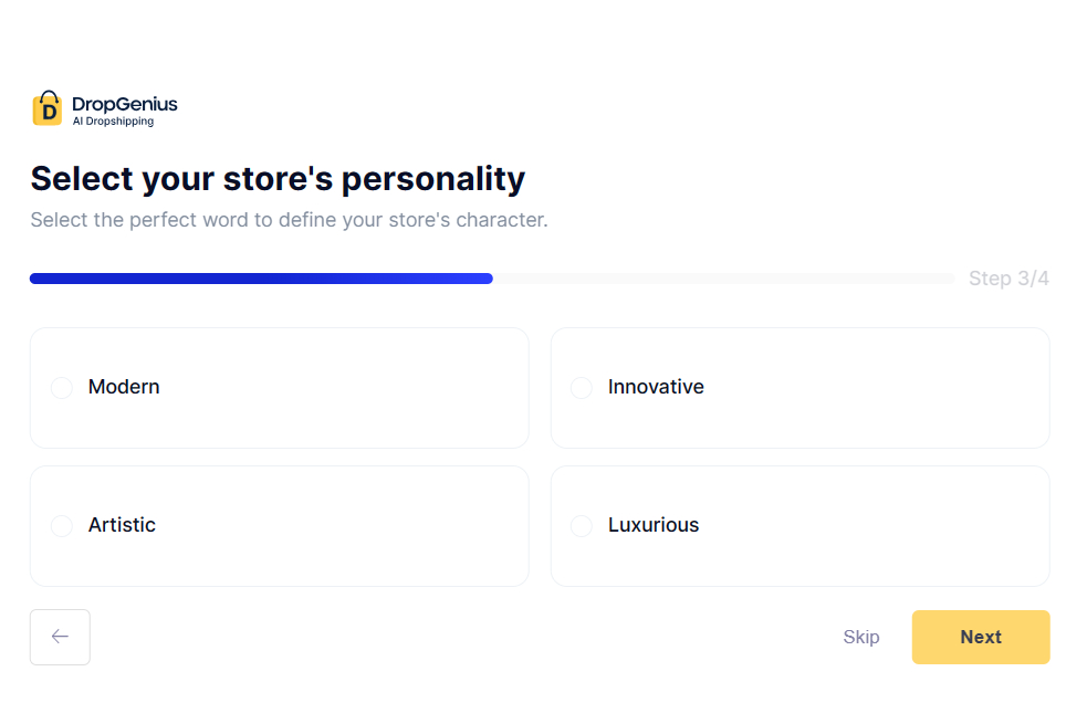 choosing dropshipping store's personality in dropgenius shopify app