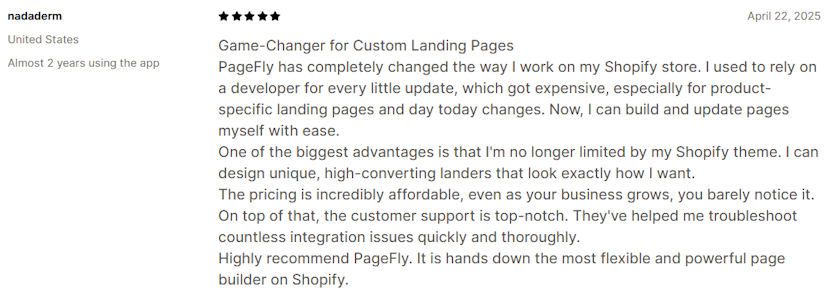 PageFly 5-star customer review