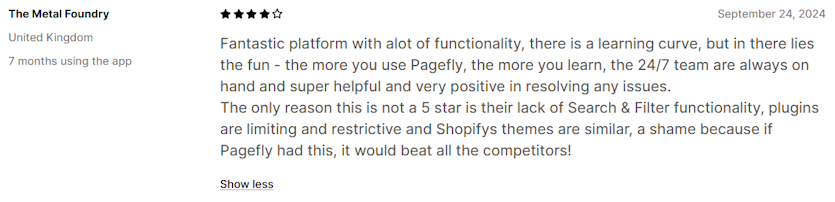 PageFly 4-star customer review